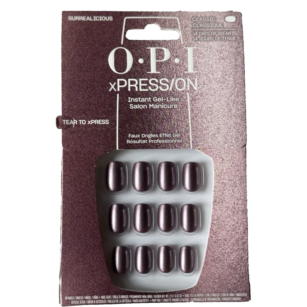 OPI Xpress/on Surrealicious Short Square Oval Press On Nails Purple Glitter NEW
